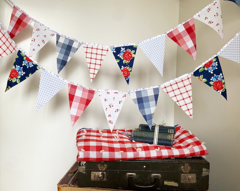Picnic Gingham Banner, Bunting, Fabric Pennant Floral Garland Flags, Vintage Style Cherry Picnic Party, Wedding, Birthday, Patriotic Decor image 3