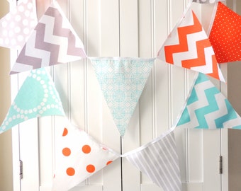Baby Shower Banner, Bunting, Pennant Fabric Flags, Orange, Aqua, Grey, Chevron, Polka Dots, Stripes, Boy Nursery Decor, Party Garland