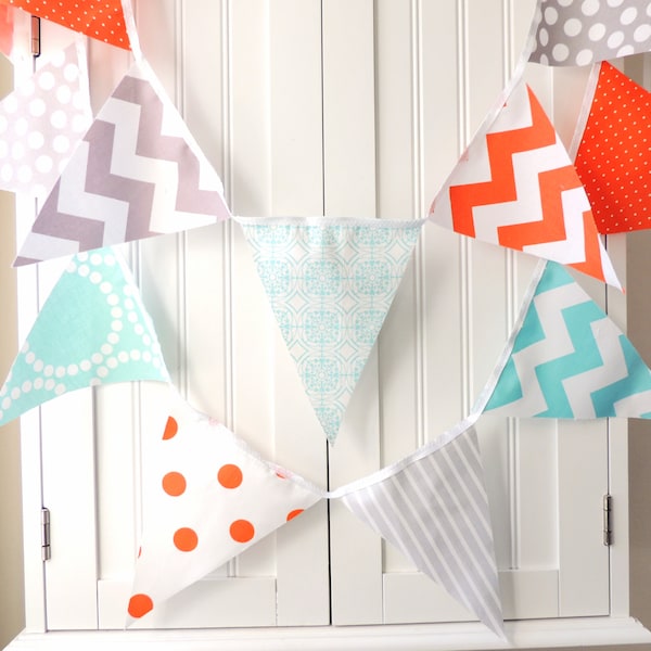 Baby Shower Banner, Bunting, Pennant Fabric Flags, Orange, Aqua, Grey, Chevron, Polka Dots, Stripes, Boy Nursery Decor, Party Garland