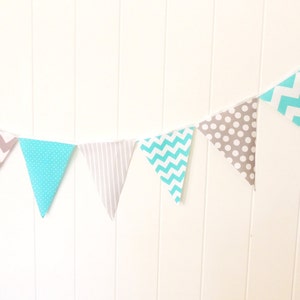 Banner, Bunting, Fabric Pennant Flags, Baby Nursery Decor, Wedding, Birthday Party, Aqua Blue, Grey, Chevron, Polka Dot, Baby Shower Garland image 3