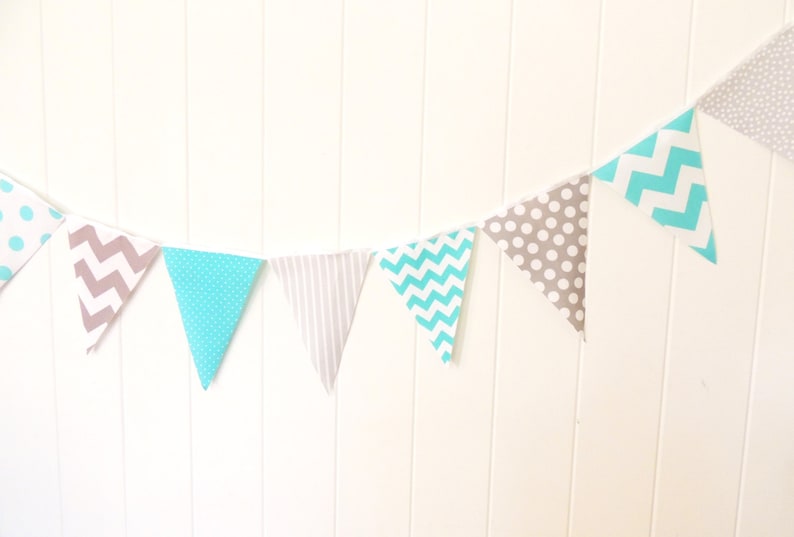 Banner, Bunting, Fabric Pennant Flags, Baby Nursery Decor, Wedding, Birthday Party, Aqua Blue, Grey, Chevron, Polka Dot, Baby Shower Garland image 3