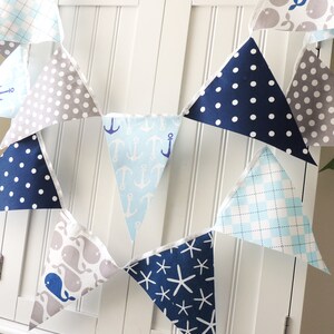 Nautical Baby Shower Banner, Bunting, Fabric Pennant Flags, Navy, Light Blue, Grey Whale, Anchor, Blue, Birthday Party Garland Wedding Decor image 4