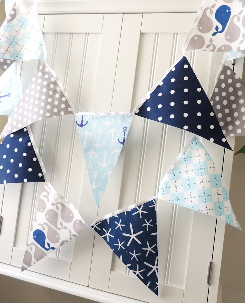 Nautical Baby Shower Banner, Bunting, Fabric Pennant Flags, Navy, Light Blue, Grey Whale, Anchor, Blue, Birthday Party Garland Wedding Decor image 4