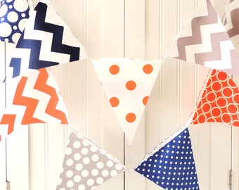 Banner Fabric Bunting, Cotton Fabric Pennant Flags,  Nursery Decor, Baby Shower, Wedding, Birthday, Orange, Navy, Grey Chevron, Dot