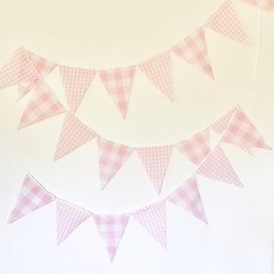 Pink Gingham Party Banner, Bunting, Pennant Flags, Vintage Gingham Light Pink, Wedding Decorations, Baby Boy Shower, Nursery Decor, Birthday image 4