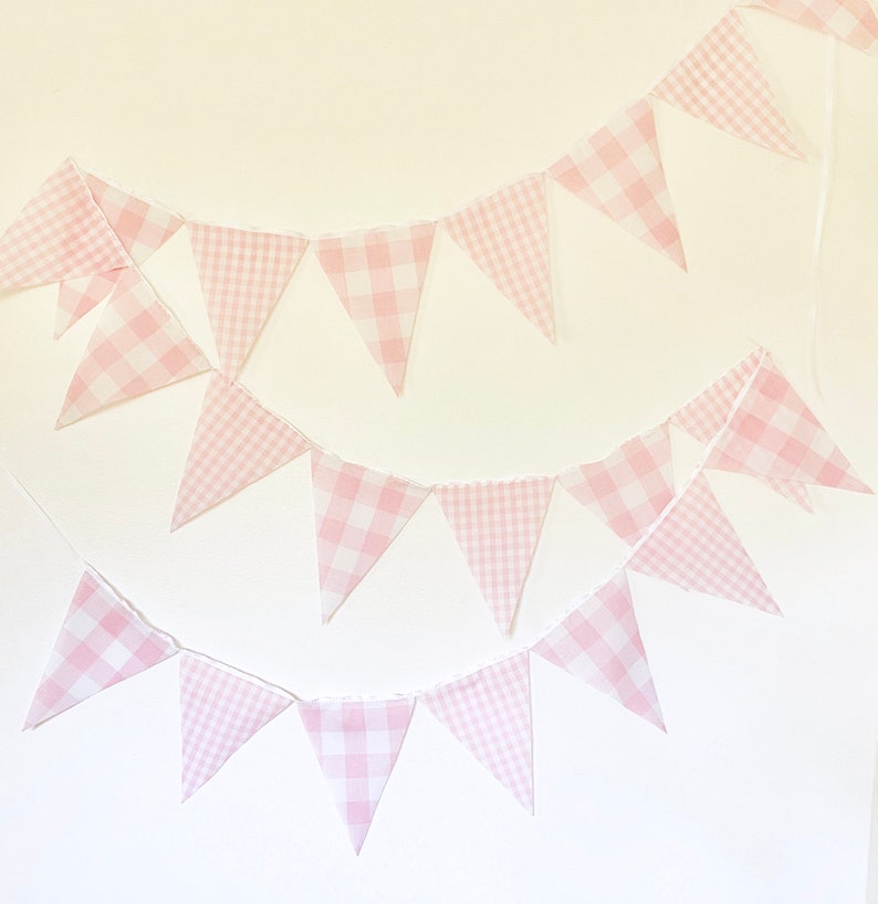 Pink Gingham Party Banner, Bunting, Pennant Flags, Vintage Gingham Light Pink, Wedding Decorations, Baby Boy Shower, Nursery Decor, Birthday image 4