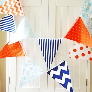 Boy Baby Nursery Banner, Bunting, Fabric Pennant Flags, Baby Shower, Birthday Party, Orange, Light Blue, Navy, Chevron, Polka Dot, Argyle image 1