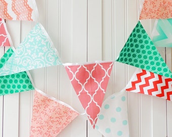 Fabric Banner, Bunting, Pennant Flags, Wedding Garland, Photo Shoot Prop, Baby Nursery Banner, Bridal Shower, Turquoise, Peach, Teal, Coral,