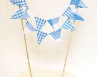 Birthday Party Cake Topper Banner, Fabric Pennant Flag Gingham Bunting, Blue, Vintage Circus Party, Baby Shower Decor, Birthday Cake Topper