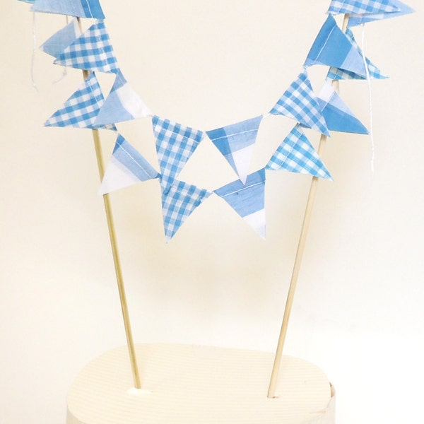 Birthday Party Cake Topper Banner, Fabric Pennant Flag Gingham Bunting, Blue, Vintage Circus Party, Baby Shower Decor, Birthday Cake Topper