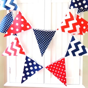 Banner, Bunting Fabric Pennant Flags, Navy Blue, Red, White, Stars, Chevron, Polka Dots, Boy Nursery, Baby Shower, Patriotic Garland USA image 1