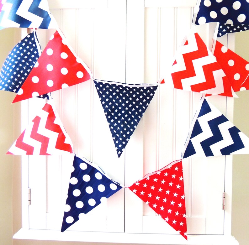 Banner, Bunting Fabric Pennant Flags, Navy Blue, Red, White, Stars, Chevron, Polka Dots, Boy Nursery, Baby Shower, Patriotic Garland USA image 1