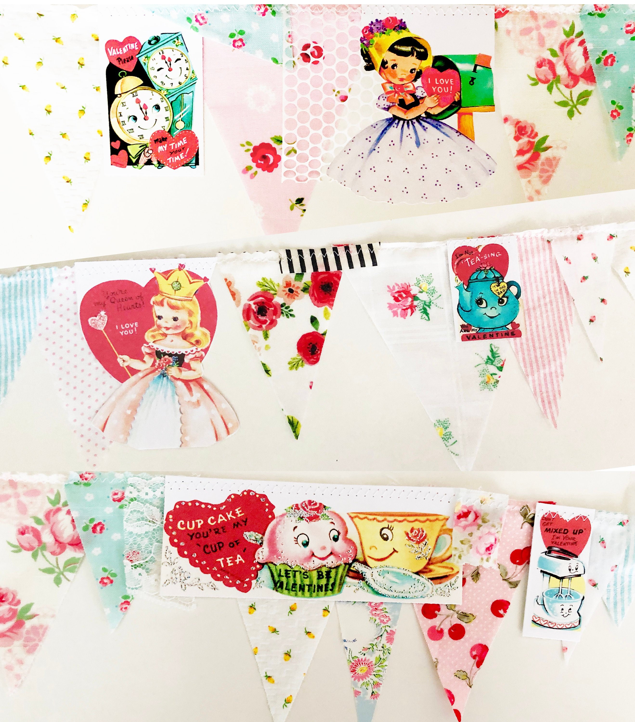 Valentine Bunting Banner, Valentines Day Decor, Shabby Chic Vintage Party Bridal Shower, Garland, Home Antique Roses