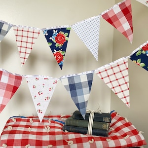 Picnic Gingham Banner, Bunting, Fabric Pennant Floral Garland Flags, Vintage Style Cherry Picnic Party, Wedding, Birthday, Patriotic Decor image 6