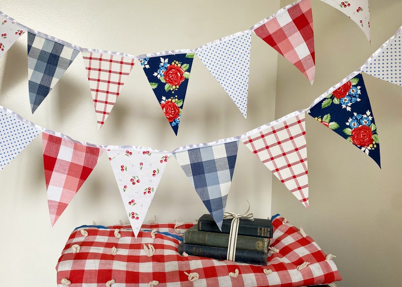 Picnic Gingham Banner, Bunting, Fabric Pennant Floral Garland Flags, Vintage Style Cherry Picnic Party, Wedding, Birthday, Patriotic Decor image 6