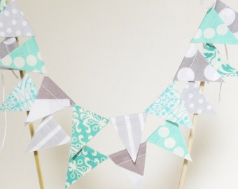 Cake Topper Banner, Party Cake Bunting, Fabric Pennant Flags, Wedding, Birthday Cake, Baby Shower, Chevron, Polka Dot Aqua Light Blue, Grey