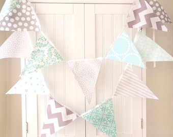 Bunting Banner Garland, Fabric Flags Light Blue, Aqua, Grey, Chevron, Turquoise, Polka Dot, Baby Nursery Decor, Wedding Garland, Photo Prop