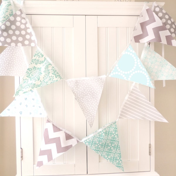 Bunting Banner Garland, Fabric Flags Light Blue, Aqua, Grey, Chevron, Turquoise, Polka Dot, Baby Nursery Decor, Wedding Garland, Photo Prop