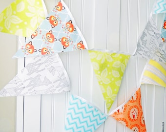 Woodland Banner, Bunting, Fabric Pennant Flags, Playroom Decor, Fox, Deer, Owl, Baby Shower Banner, Nursery, Birthday Party Photo Shoot Prop
