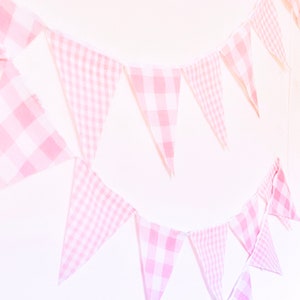 Pink Gingham Party Banner, Bunting, Pennant Flags, Vintage Gingham Light Pink, Wedding Decorations, Baby Boy Shower, Nursery Decor, Birthday image 3
