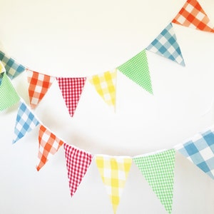 Vintage Gingham Bunting, Fabric Garland Flags, Yellow, Red, Green, Orange, Blue, Birthday Party, Wedding Decor, Baby Nursery image 2