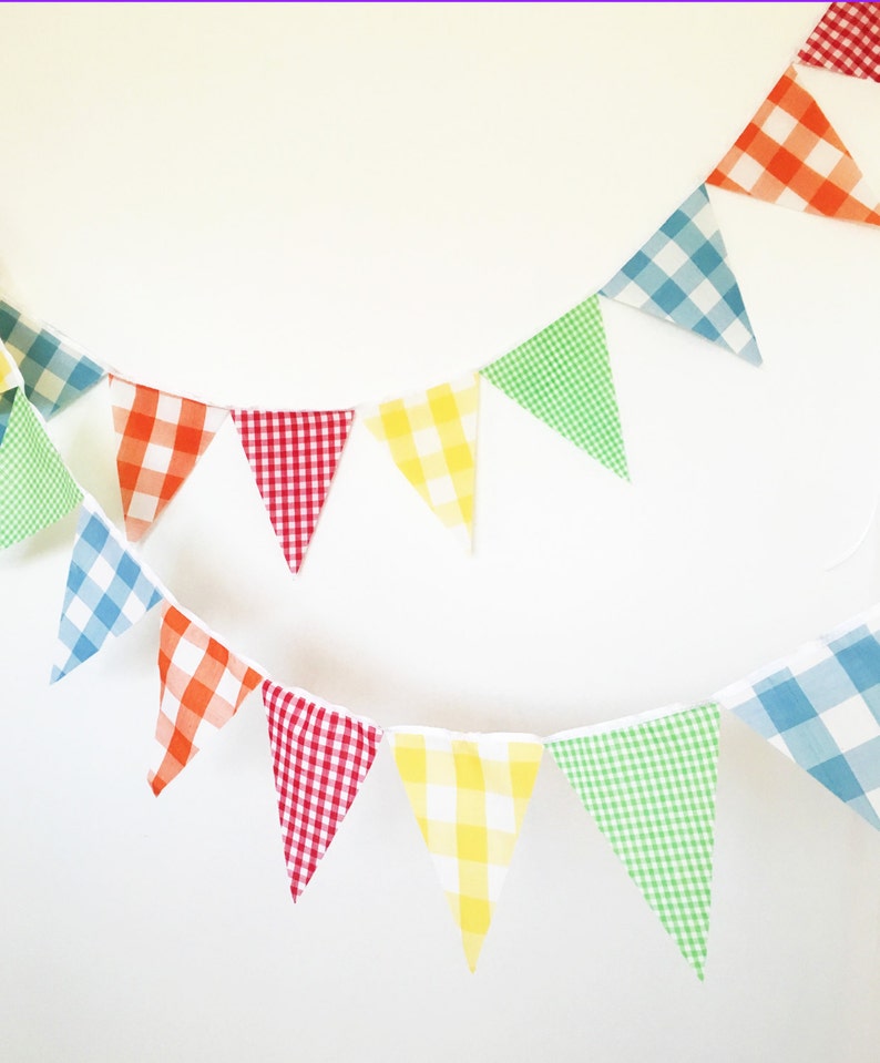 Vintage Gingham Bunting, Fabric Garland Flags, Yellow, Red, Green, Orange, Blue, Birthday Party, Wedding Decor, Baby Nursery image 2