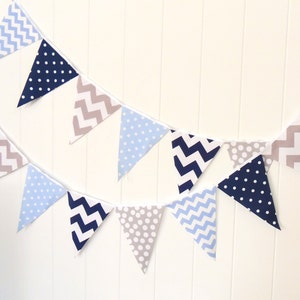 Bunting, Garland banner, Fabric Party Flags, Light Blue, Navy Blue, Grey, Polka Dot, Chevron, Boy Baby Shower, Birthday Garland, Photo Prop, image 4