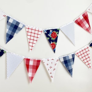 Picnic Gingham Banner, Bunting, Fabric Pennant Floral Garland Flags, Vintage Style Cherry Picnic Party, Wedding, Birthday, Patriotic Decor image 5