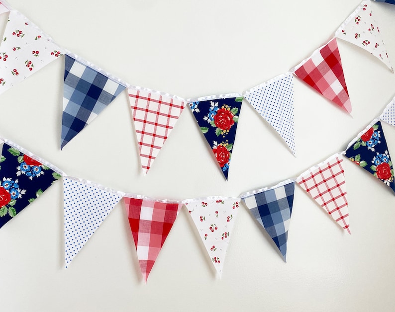 Picnic Gingham Banner, Bunting, Fabric Pennant Floral Garland Flags, Vintage Style Cherry Picnic Party, Wedding, Birthday, Patriotic Decor image 5