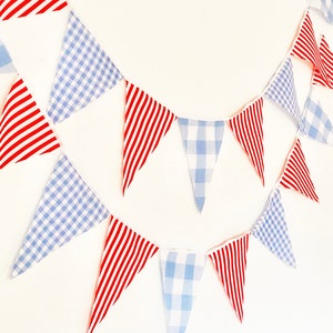 Blue Gingham Red Stripe Party Banner, Bunting, Pennant Flags, Wedding, Baby Boy Shower, Nursery Decor, Birthday Party Flags Garland image 3