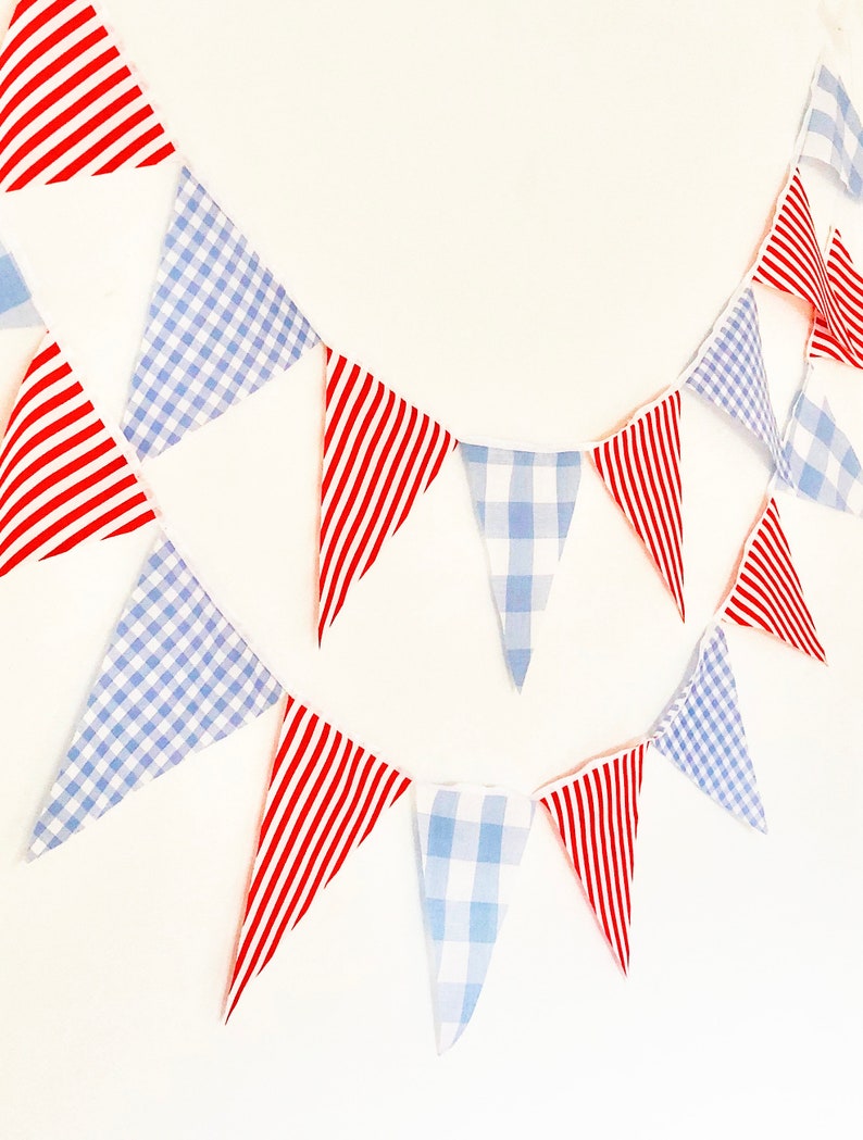 Banderole de fête à rayures rouges Vichy bleu, banderoles, fanions de drapeaux, mariage, baby shower, décoration de chambre d'enfant, guirlande de drapeaux de fête d'anniversaire image 3