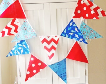 Banner, Bunting, Nautical Fabric Pennant Flags, Royal Blue Shark, Anchor, Red Chevron, Baby Boy Nursery Decor, Baby Shower, Birthday Party