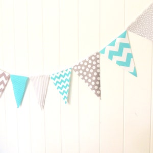 Banner, Bunting, Fabric Pennant Flags, Baby Nursery Decor, Wedding, Birthday Party, Aqua Blue, Grey, Chevron, Polka Dot, Baby Shower Garland image 4