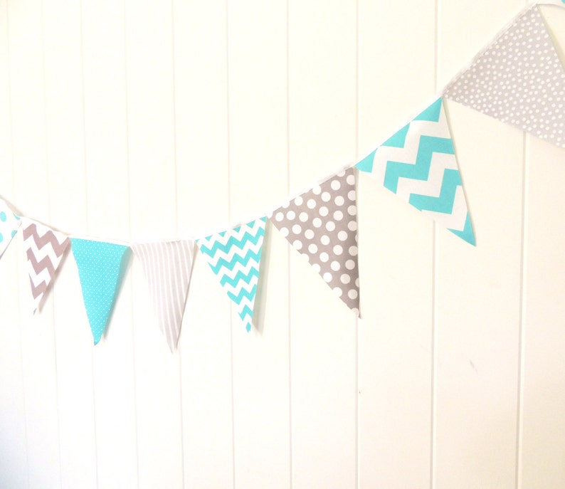 Banner, Bunting, Fabric Pennant Flags, Baby Nursery Decor, Wedding, Birthday Party, Aqua Blue, Grey, Chevron, Polka Dot, Baby Shower Garland image 4