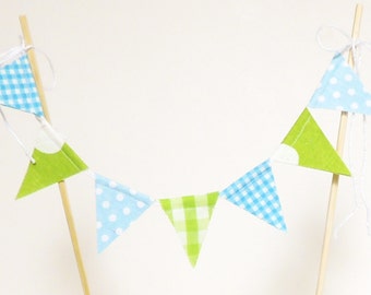 Cake Topper Birthday Party Banner, Mini Bunting, Lime, Light Blue, Baby Shower Topper, Wedding Cake, Boy Birthday Party Cake Topper Banner