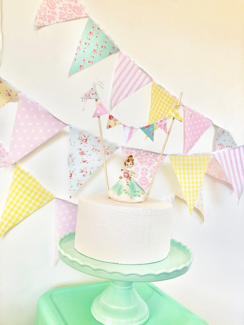 Shabby Chic Fabric Banner, Bunting, Garland Pennant Flags, Pink, Blue, Yellow, Wedding Decor, Photo Prop, Baby Nursery Decor, Birthday Party image 1