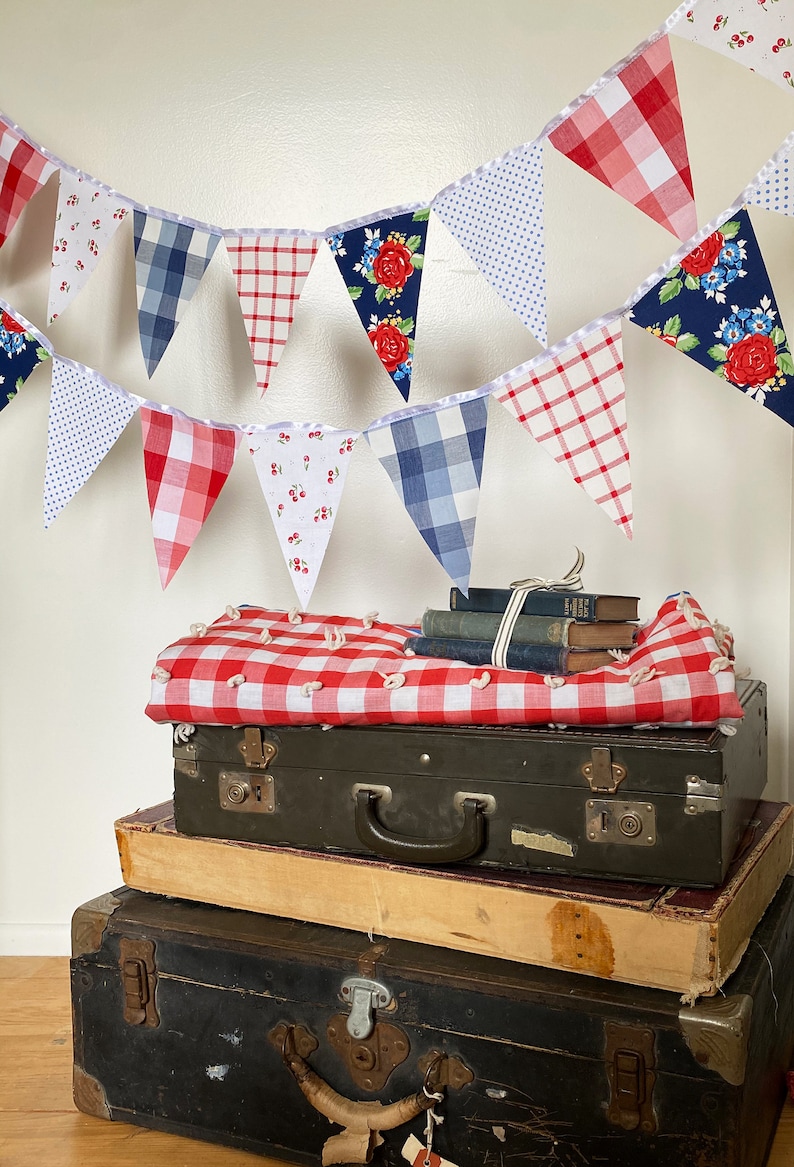 Picnic Gingham Banner, Bunting, Fabric Pennant Floral Garland Flags, Vintage Style Cherry Picnic Party, Wedding, Birthday, Patriotic Decor image 1
