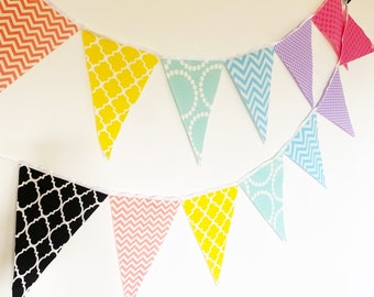 Colorful Banner Bunting, Fabric Pennant Garland Flags, Nursery, Photo Prop, Birthday Party, Pink, Peach, Black, Blue, Mint, Yellow, Purple