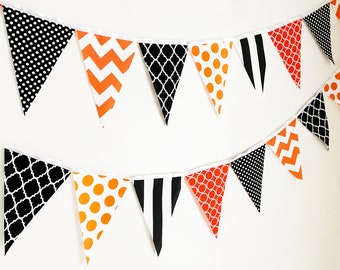 Banner Bunting, Fabric Pennant Flags, Orange, Black, Chevron, Polka Dot, Trellis, Halloween Garland, Halloween Party, Birthday Garland