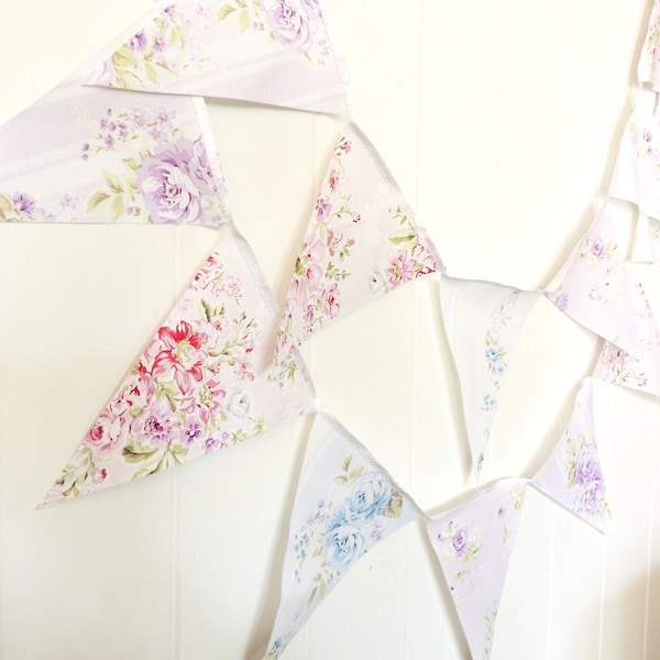 Shabby Chic Fabric Banner, Bunting, Pennant Flags, Pink, Blue, Purple Floral Wedding Decor, Photo Prop, Baby Nursery Decor, Birthday Party