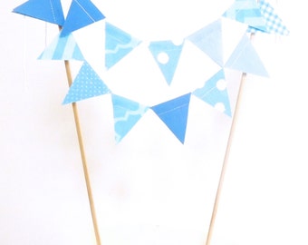 Cake Topper Banner, Party Cake Bunting, Fabric Pennant Flags, Wedding, Birthday Cake, Baby Shower, Light Blue, Medium Blue, Boy Birthday