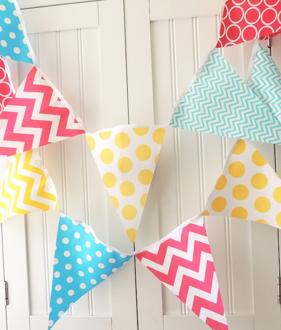 Modern Bunting handmade fabric 15 flags hot pink and navy garland flags