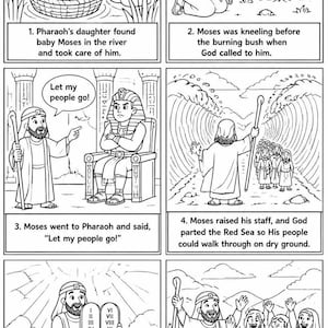 Könnte beinhalten: Ein schwarz-weißer Comicstrip mit sechs Feldern, der die Geschichte von Mose illustriert. Die Felder zeigen das Finden eines Babys im Korb, einen brennenden Dornbusch, die Konfrontation mit dem Pharao, das Rote Meer, die Zehn Gebote.