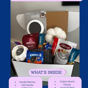 May include: A care package labeled "FALL CARE PACKAGE for the girls!!" includes a candle warmer, fall candle, soft socks, candy, Halloween treats, cotton shorts, tissues, Liquid IV, cough drops, and pens. The items are in a white box.