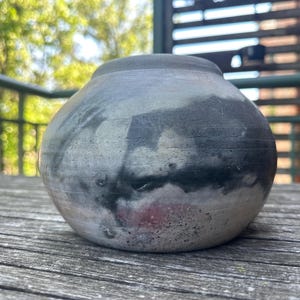 Handmade ceramic gray/black/red vase, pit fired design