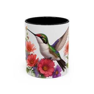 Hummingbird with Flowers Accent Mug, Nature Lover Gift, Ceramic Coffee Cup, Spring Floral Design, Bird Lover Tea Mug