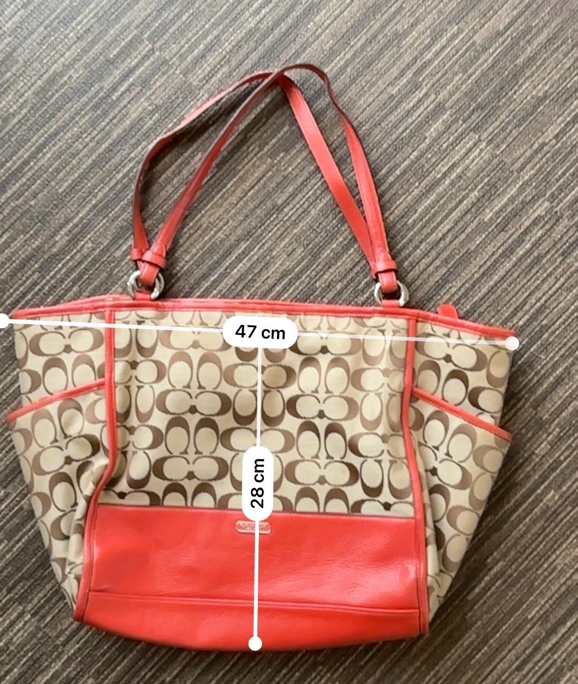 Vintage Coach Monogram Canvas Tote Bag | Red Leather Trim Shoulder