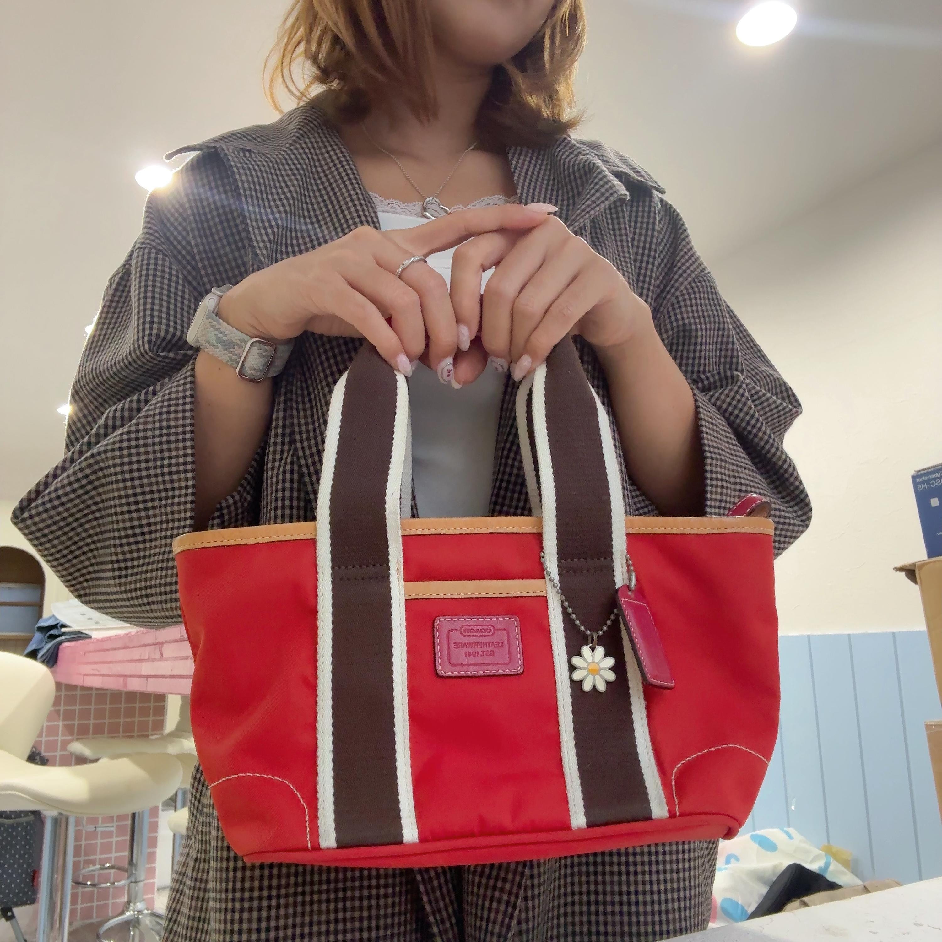 Vintage Coach Hamptons Mini Tote Bag: Red Nylon, Brown Leather