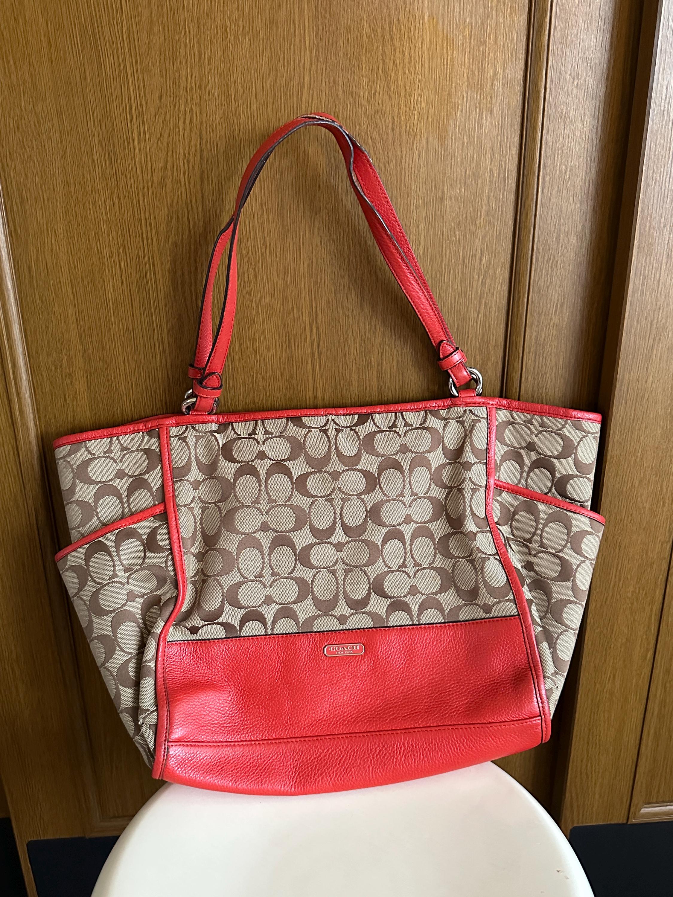 バッグ Vintage Coach Signature Tote Bag Red Vintage Coach Monogram Canvas Tote Bag | Red Leather Trim Shoulder