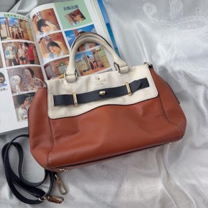 Vintage Kate Spade New York Colorblock Leather Satchel Bag - Tan Cream Black Handbag
